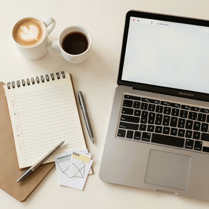 Tata letak datar (flat lay) berisi alat-alat bantu perencanaan karir seperti jurnal, kartu indeks, dan laptop yang terorganisir.