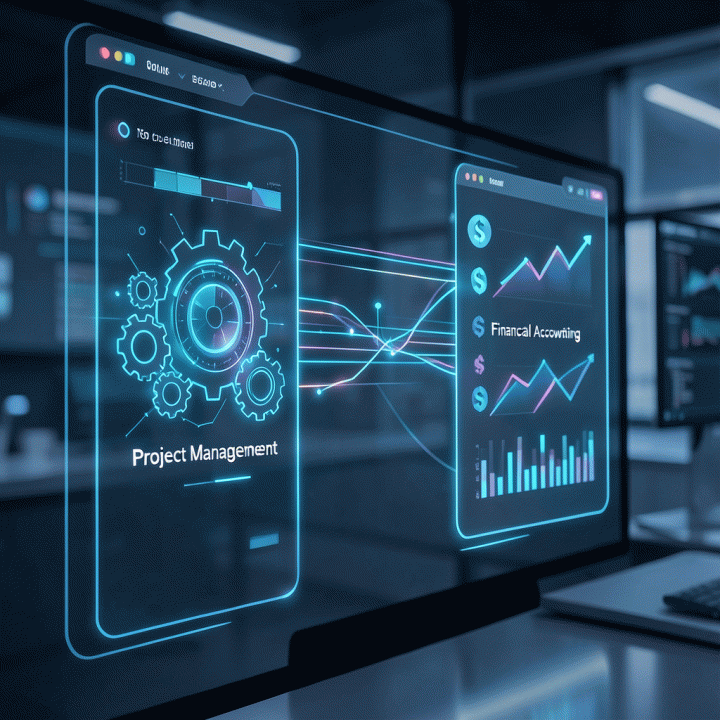 Visualisasi digital yang menunjukkan aliran data proyek secara otomatis masuk dan terintegrasi dengan sistem akuntansi keuangan.