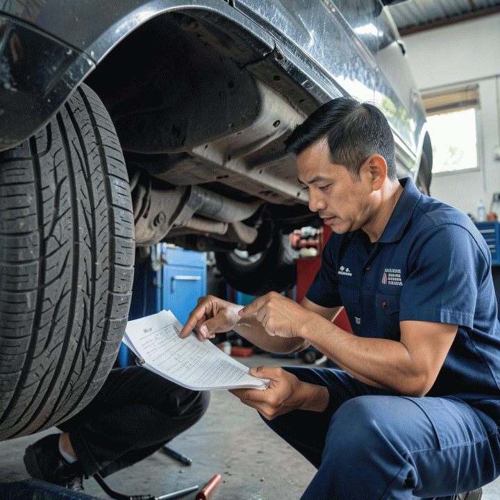 Petugas inspeksi dan manajer rental memeriksa kondisi ban dan bagian bawah mobil secara teliti di bengkel yang rapi.
