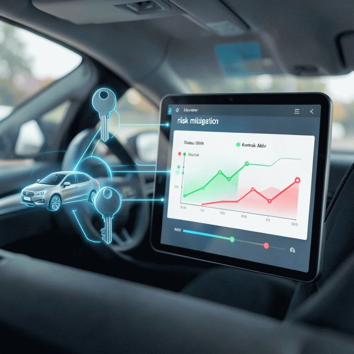 Visualisasi digital abstrak tentang mitigasi risiko dalam bisnis rental, menunjukkan koneksi antara aset fisik dan dashboard manajemen digital yang aman.