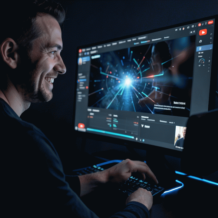 Content creator using a futuristic AI dashboard to automatically generate a high-quality thumbnail design.
