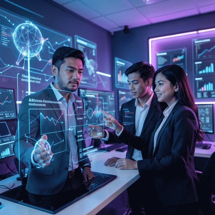 Seorang profesional muda Indonesia berinteraksi dengan antarmuka holografik yang menunjukkan otomatisasi pembuatan konten marketing dan visualisasi data AI, melambangkan peningkatan efisiensi dan ide kreatif.