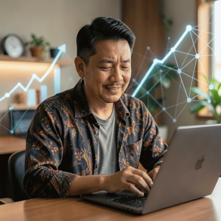 Seorang pemilik UMKM Indonesia tersenyum puas melihat hasil otomatisasi konten marketing di tablet, melambangkan peningkatan produktivitas.