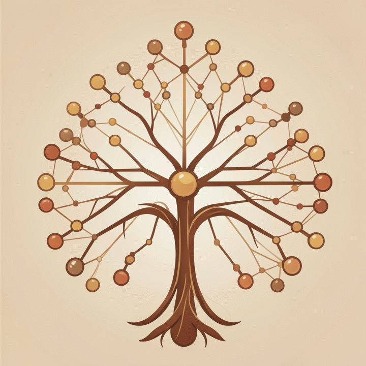 Abstract digital illustration of a beautifully structured family tree with interconnected nodes, symbolizing digital genealogy and lineage.