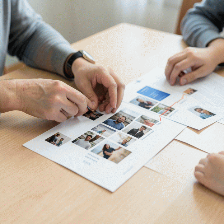 Hands of different generations organizing digital photos and documents on a wooden desk, illustrating the process of organizing family history.