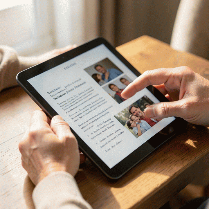 Tangan dari berbagai generasi berinteraksi dengan tablet yang menampilkan dokumen sejarah dan foto keluarga, melambangkan proses digitalisasi dan pelestarian sejarah keluarga.