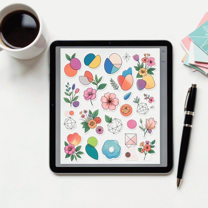 Flat lay meja kerja modern dengan tablet digital menampilkan berbagai aset stiker digital premium yang estetik, dikelilingi oleh peralatan desain seperti pena dan kopi, menggambarkan proses kreatif seorang content creator.