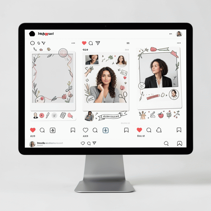 Tampilan mockup feed Instagram yang estetik dengan penggunaan stiker digital premium yang konsisten untuk meningkatkan daya tarik visual konten.