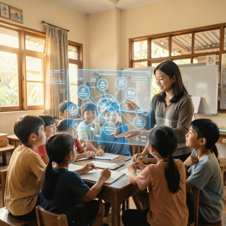 Guru dan siswa Indonesia berinteraksi dengan materi ajar holografik yang dihasilkan AI di dalam kelas yang cerah, menunjukkan pembelajaran kolaboratif dan modern.