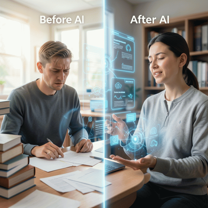 Visual perbandingan sebelum dan sesudah menggunakan AI: dari tumpukan materi yang rumit menjadi materi ajar yang terstruktur dan menarik.