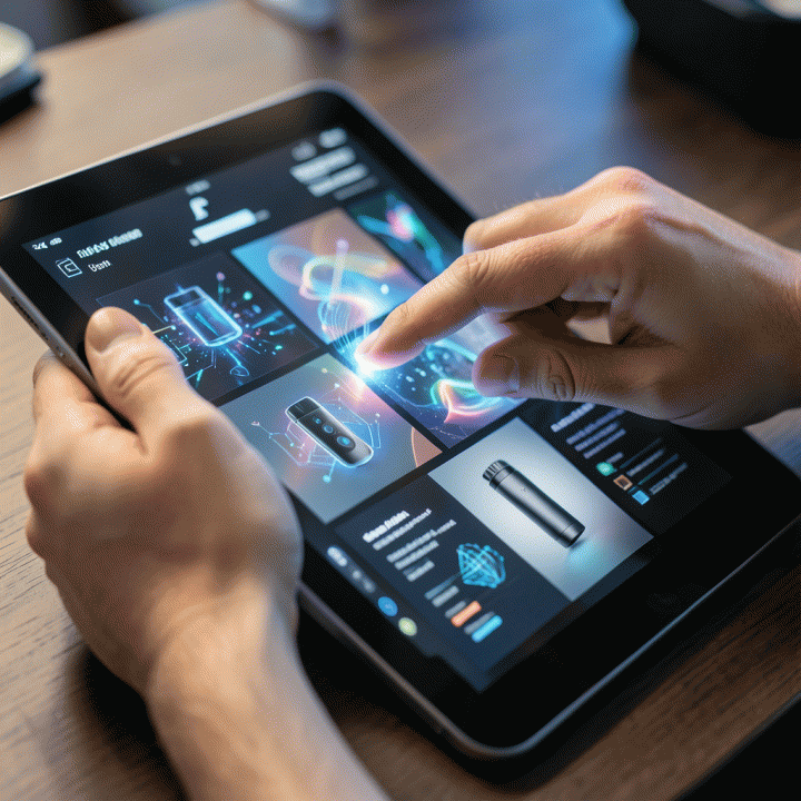 Tangan seorang kreator berinteraksi dengan antarmuka AI canggih di tablet, menghasilkan aset visual profesional secara instan.