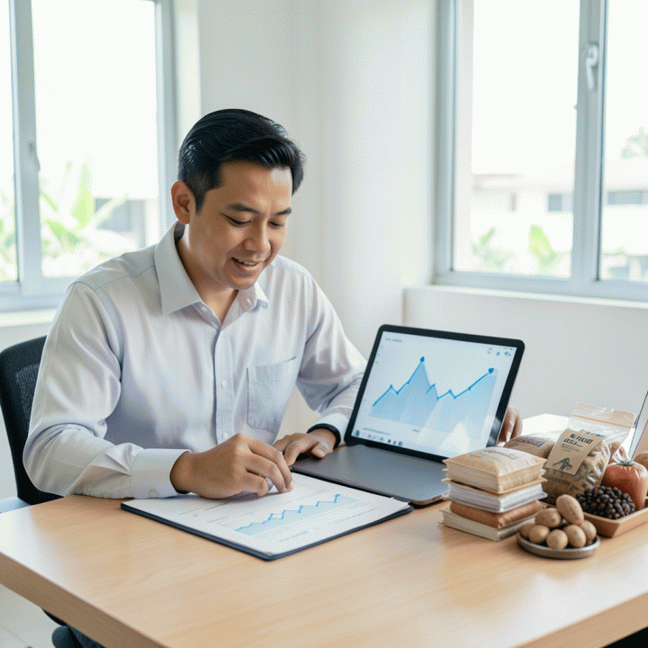 Seorang pemilik UMKM Indonesia yang profesional sedang menganalisis grafik keuangan di meja kerjanya, menunjukkan perencanaan bisnis yang aman dan terukur.