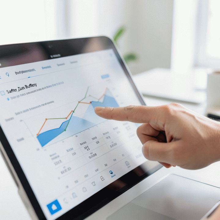 Tangan yang menunjuk grafik keuangan pada tablet yang menunjukkan zona penyangga atau buffer keamanan dalam perhitungan bisnis.