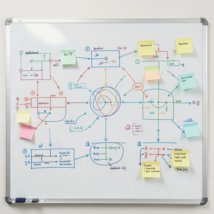 Diagram alir (flowchart) di papan tulis yang menunjukkan lima langkah terstruktur dalam kerangka kerja validasi pasar.