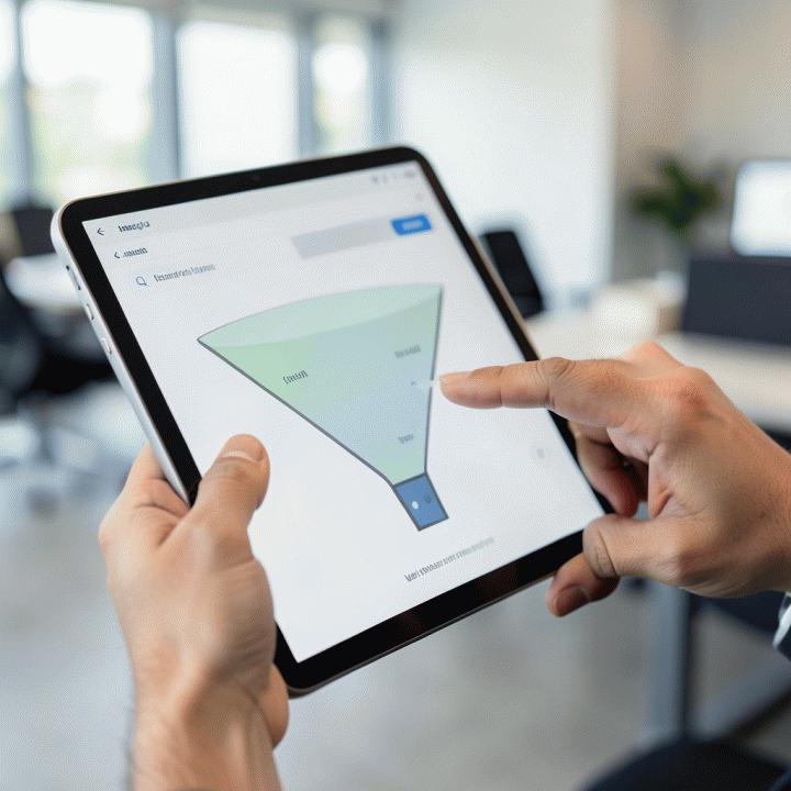 Tangan profesional menunjuk pada diagram corong (funnel) data di tablet, melambangkan pengukuran permintaan pasar yang terperinci.