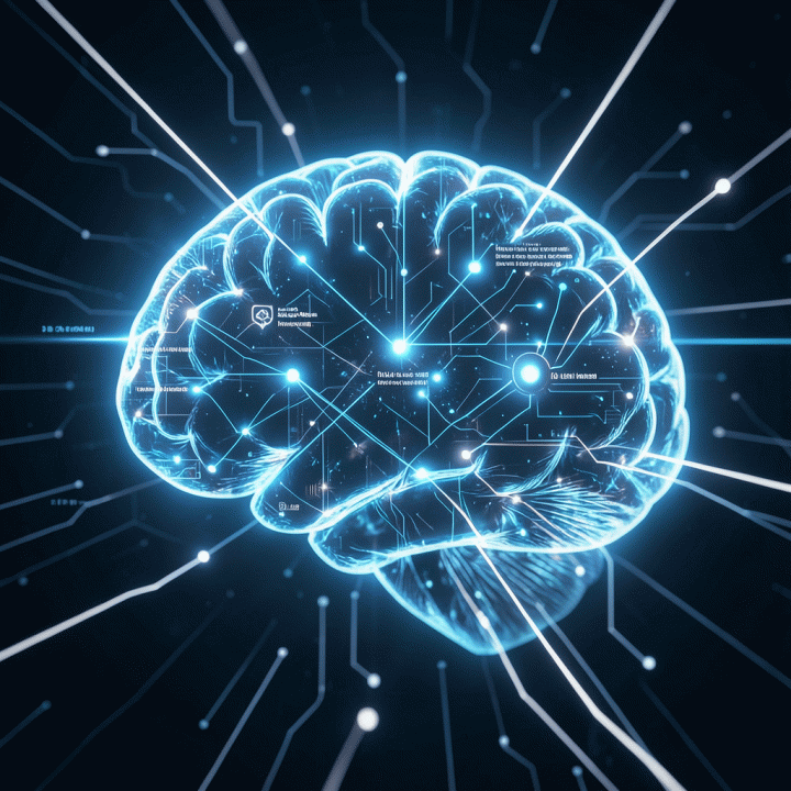 Abstract visualization of an AI brain generating a structured business plan roadmap.