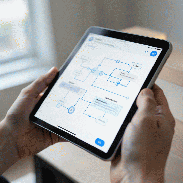 Hand interacting with an AI assistant interface on a tablet showing marketing strategy flowcharts.