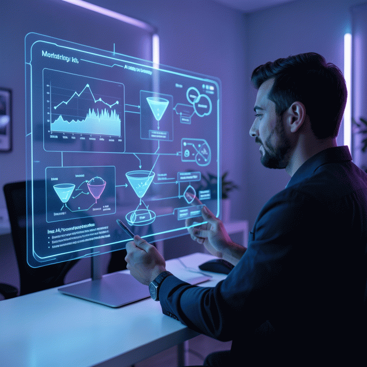 Digital entrepreneur creating a marketing blueprint using a futuristic AI interface on a holographic screen.