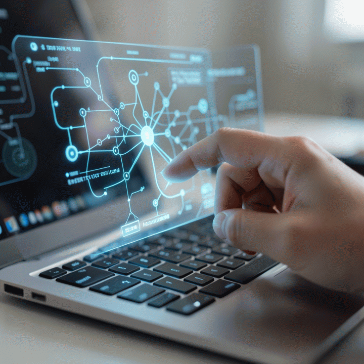 Tangan yang berinteraksi dengan antarmuka hologram di laptop, menunjukkan proses transformasi ide menjadi blueprint bisnis yang terstruktur.
