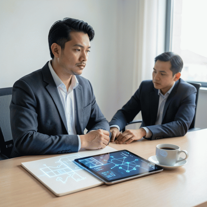 Seorang founder Indonesia yang sedang merencanakan blueprint bisnis di atas meja kerja minimalis, dengan visualisasi ide yang berubah menjadi diagram terstruktur menggunakan teknologi AI.