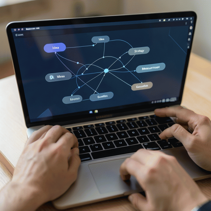 Tangan yang bekerja di laptop menampilkan dashboard AI yang abstrak dan terstruktur, menunjukkan proses pembuatan blueprint bisnis secara efisien.