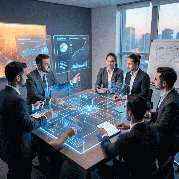 Tim pemasaran modern yang berkolaborasi dalam strategi digital menggunakan peta digital holografik.