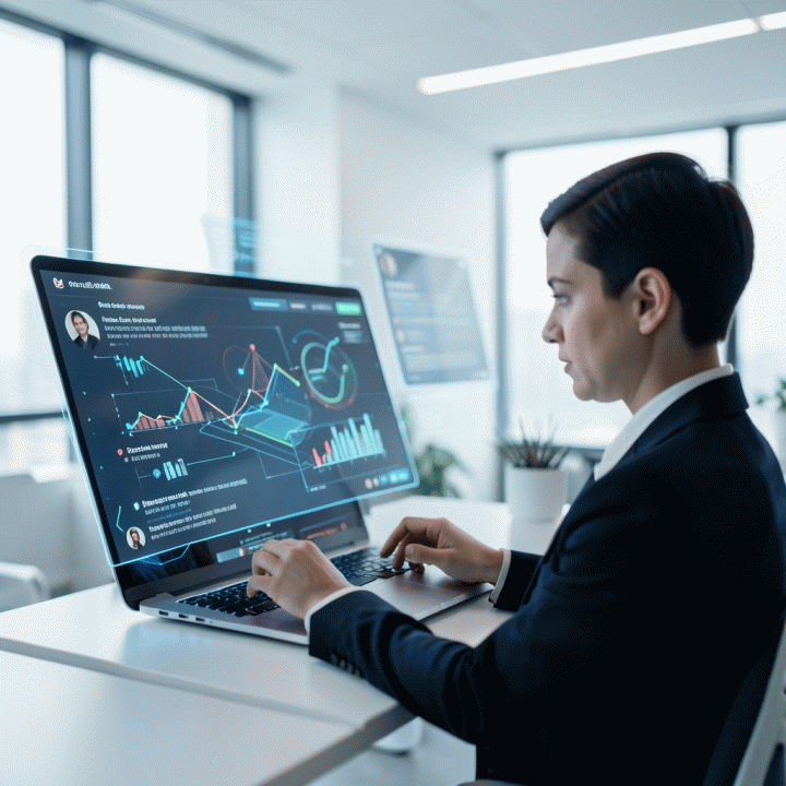 Professional working with a holographic AI interface displaying a brand strategy blueprint for social media content planning in a futuristic office.