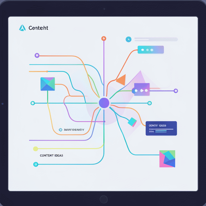 Abstract visualization of an AI system generating a flow chart for content script and brand strategy ideas.