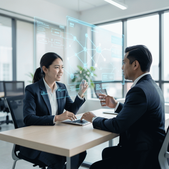 Seorang profesional muda Indonesia berinteraksi dengan blueprint digital bercahaya di atas meja, melambangkan perencanaan strategi personal branding yang terstruktur dan futuristik.