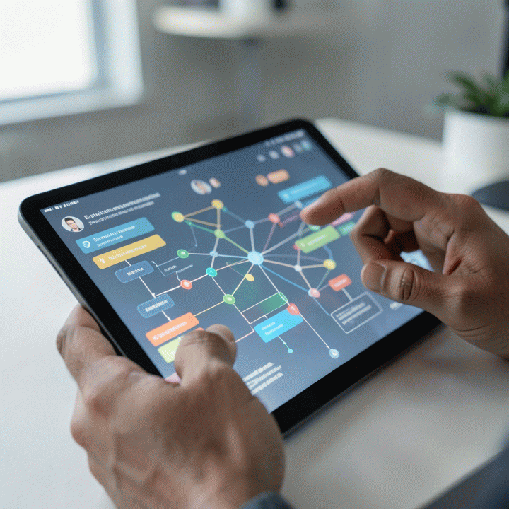 Tangan menggunakan tablet yang menampilkan antarmuka AI abstrak untuk menyusun persona dan ide konten.