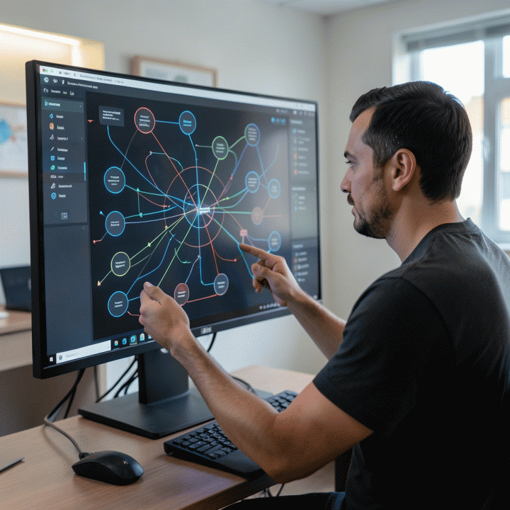 Seorang pengguna berinteraksi dengan dasbor AI yang menampilkan visualisasi terstruktur dari ide konten dan strategi jangka panjang.