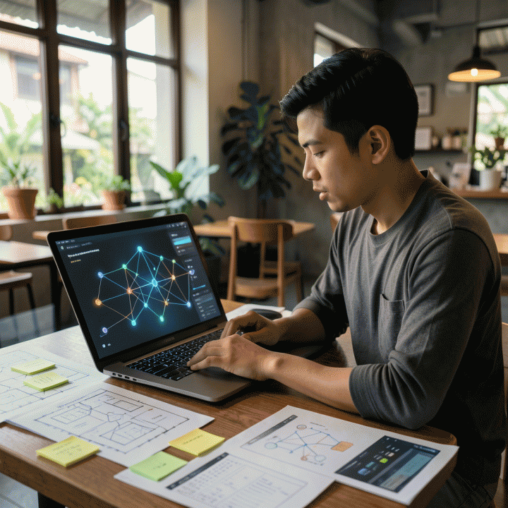 Seorang profesional di ruang kerja modern yang sedang merencanakan strategi konten menggunakan konsep blueprint digital dan visualisasi data terstruktur dari AI.