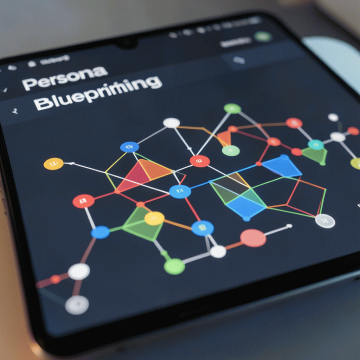 Visualisasi antarmuka aplikasi AI yang menampilkan struktur persona dan blueprint konten secara terperinci, fokus pada pola dan koneksi data.