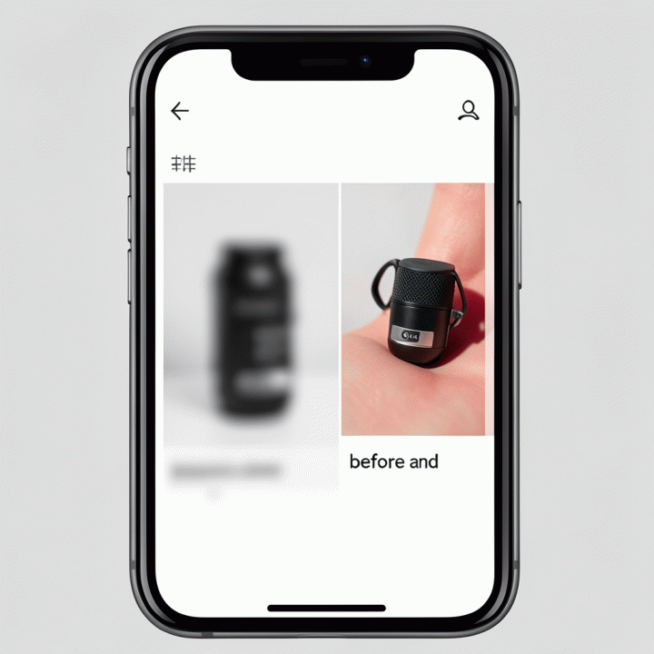 Perbandingan foto produk sebelum dan sesudah ditingkatkan resolusinya di layar smartphone.