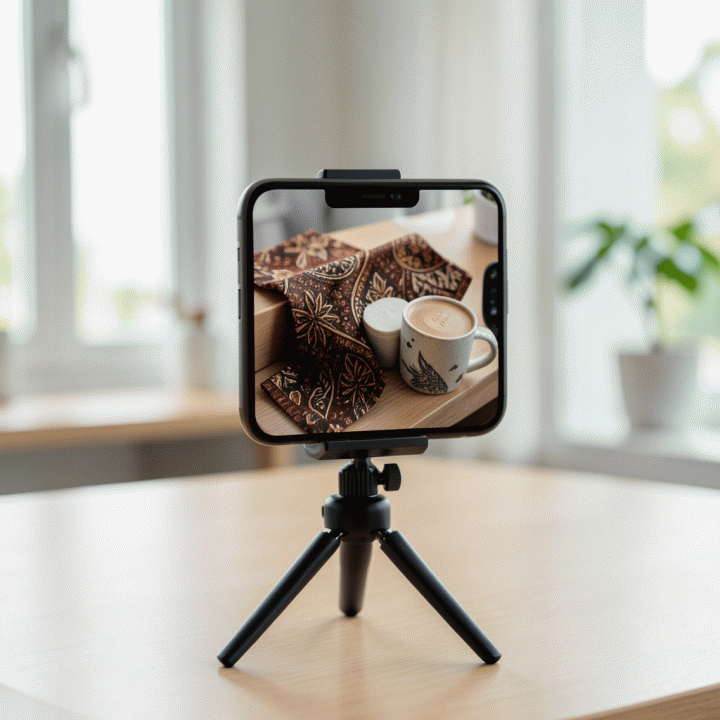 Seseorang mengambil foto produk kerajinan tangan Indonesia dengan smartphone di studio rumahan yang profesional dan pencahayaan alami.