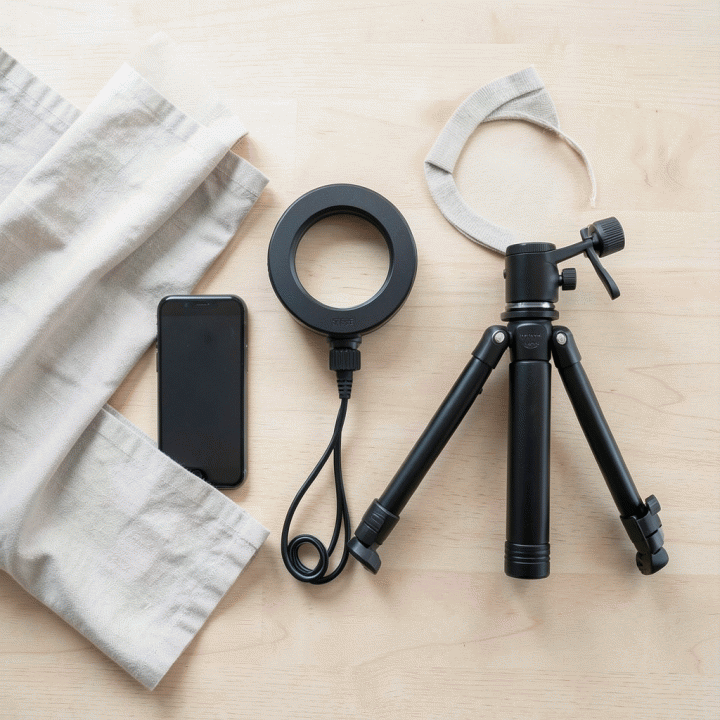 Susunan alat-alat esensial untuk fotografi produk di rumah, termasuk smartphone, ring light, dan tripod.