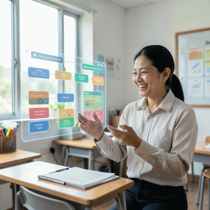 Seorang guru modern Indonesia sedang berinteraksi dengan antarmuka AI holografik yang menampilkan peta konsep pembelajaran yang terstruktur dan materi edukatif, melambangkan efisiensi merancang RPP.