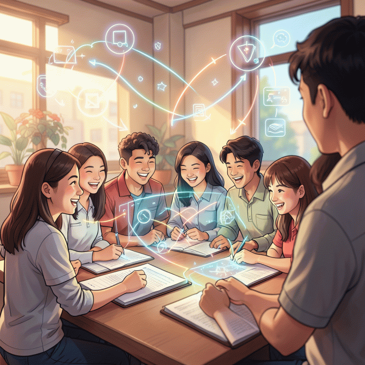 Interaksi siswa yang gembira dalam kegiatan belajar yang interaktif, didukung oleh materi pembelajaran yang dinamis.