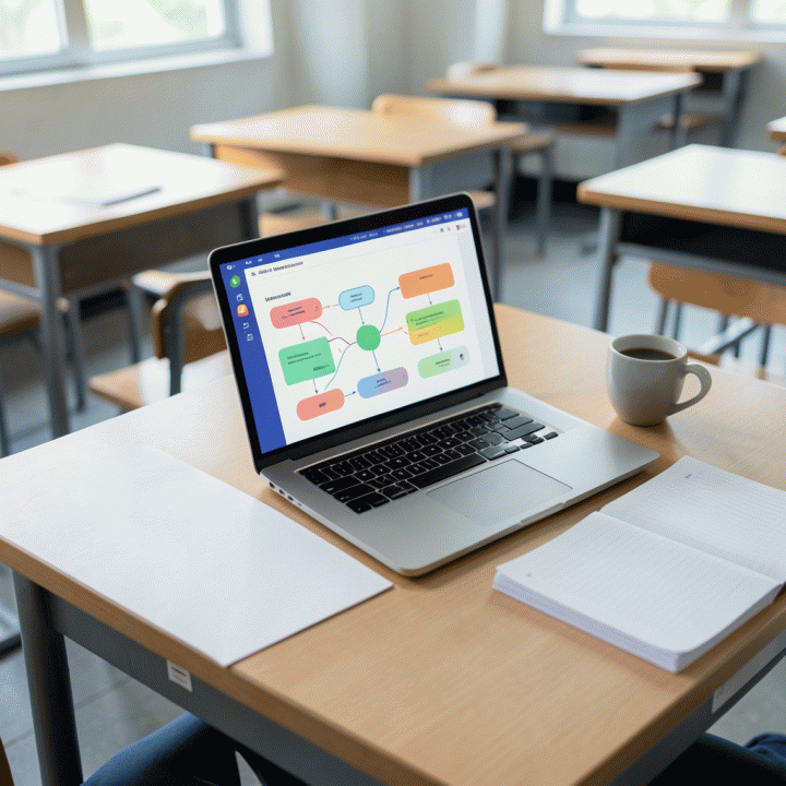 Meja kerja guru dengan laptop yang menampilkan antarmuka AI perencanaan pembelajaran yang modern, menunjukkan kemudahan menyusun materi ajar.