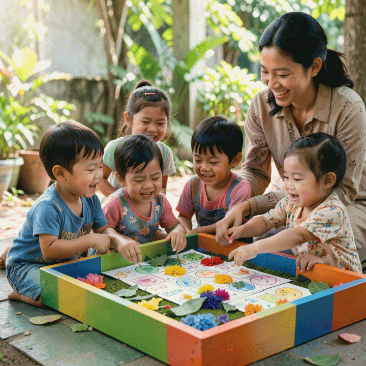 Sekelompok anak prasekolah Indonesia yang gembira dan berinteraksi dalam kegiatan belajar berbasis permainan yang menekankan perkembangan emosional dan kolaborasi.