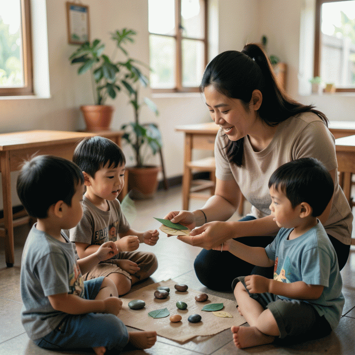 Guru atau orang tua yang mengajarkan anak-anak cara mengidentifikasi dan mengungkapkan emosi melalui permainan interaktif di kelas yang nyaman.