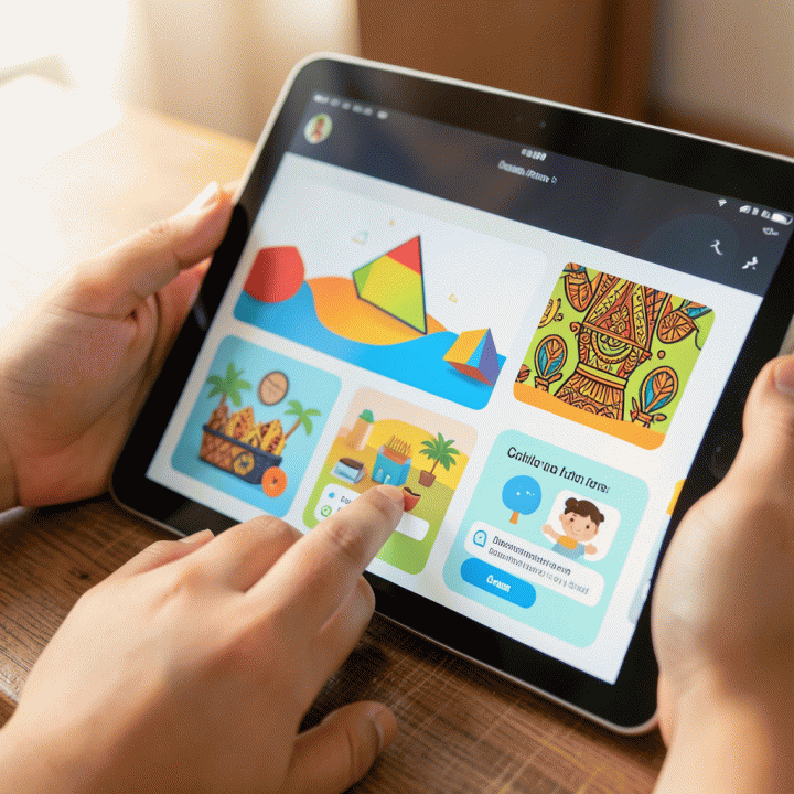 Tangan berinteraksi dengan tablet yang menampilkan materi pembelajaran anak yang cerah dan interaktif, didukung AI.