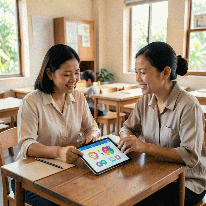 Ibu dan guru di ruang kelas modern Indonesia berkolaborasi menggunakan tablet AI untuk membuat materi belajar anak yang efektif dan menarik.