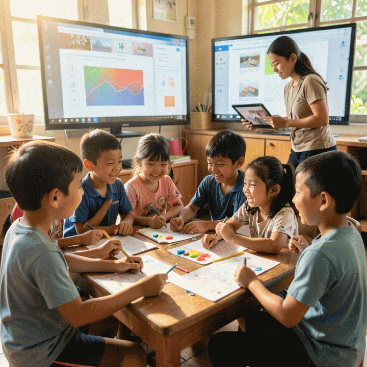 Anak-anak Indonesia belajar dengan gembira di kelas, didukung oleh materi ajar berkualitas yang dibuat dengan bantuan AI.