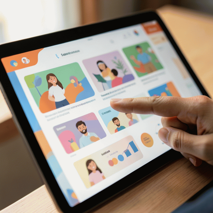 Tampilan tablet AI yang menampilkan tata letak modul belajar yang menarik dan dipersonalisasi, menunjukkan kemudahan dalam merancang materi ajar.