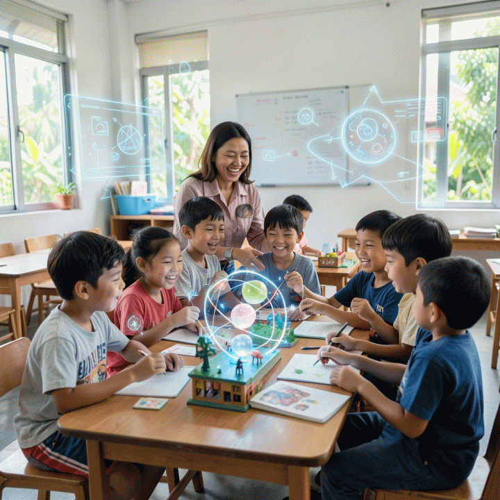 Seorang guru Indonesia yang ceria berinteraksi dengan sekelompok anak sekolah dasar yang antusias dalam kegiatan belajar kreatif, dengan elemen hologram pengetahuan yang mengelilingi mereka, menunjukkan pembelajaran yang dipersonalisasi menggunakan AI.
