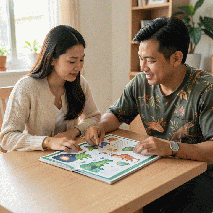 Guru dan orang tua berkolaborasi meninjau materi belajar cetak yang dirancang khusus berdasarkan minat anak, menekankan personalisasi dan kualitas.