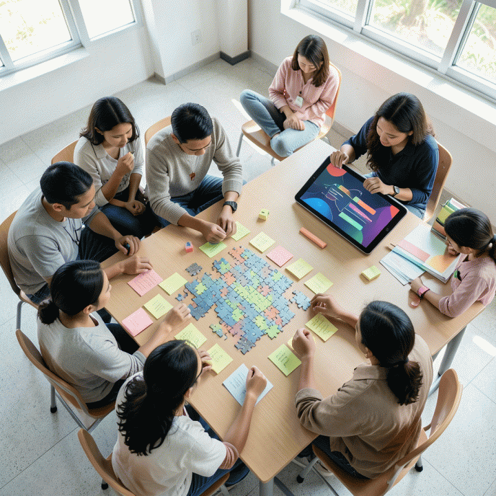 Siswa SMP bekerja dalam kelompok interaktif di kelas modern, menunjukkan proses belajar yang menyenangkan dan kolaboratif.