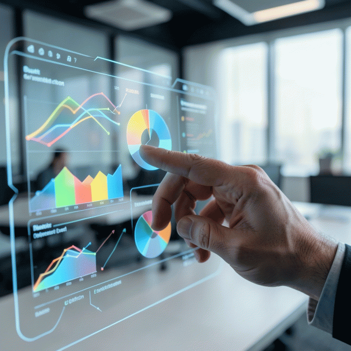 Tangan seorang manajer pemasaran yang sedang menganalisis dashboard digital holografik untuk mengoptimalkan alokasi anggaran iklan.