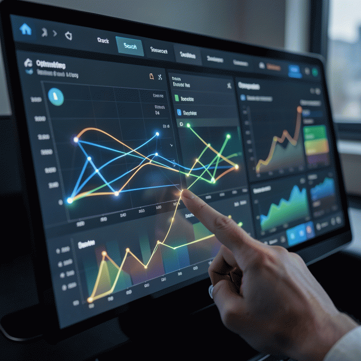 Visualisasi dashboard digital yang menampilkan analisis bauran media dan potensi optimasi anggaran iklan.